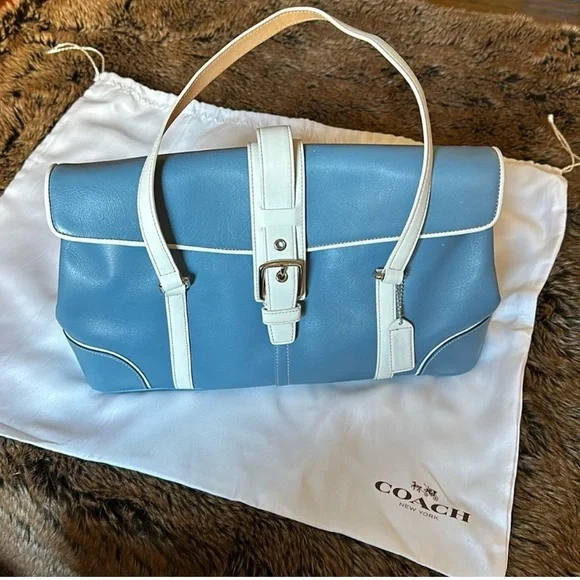 EUC Coach Hampton vintage Bag,Blue & White Leather W/Coach dust bag - Picture 2 of 14